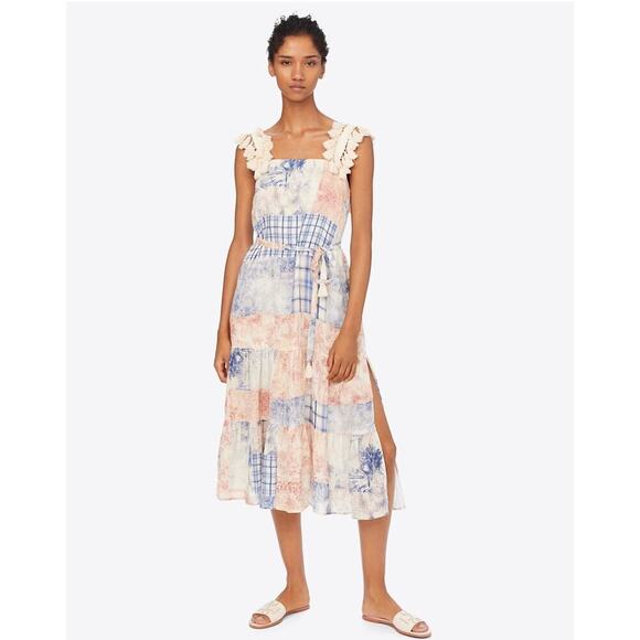 Tory Burch Tasseled Patchwork Printed Linen Midi Dress Far Away Size XS - Picture 8 of 8